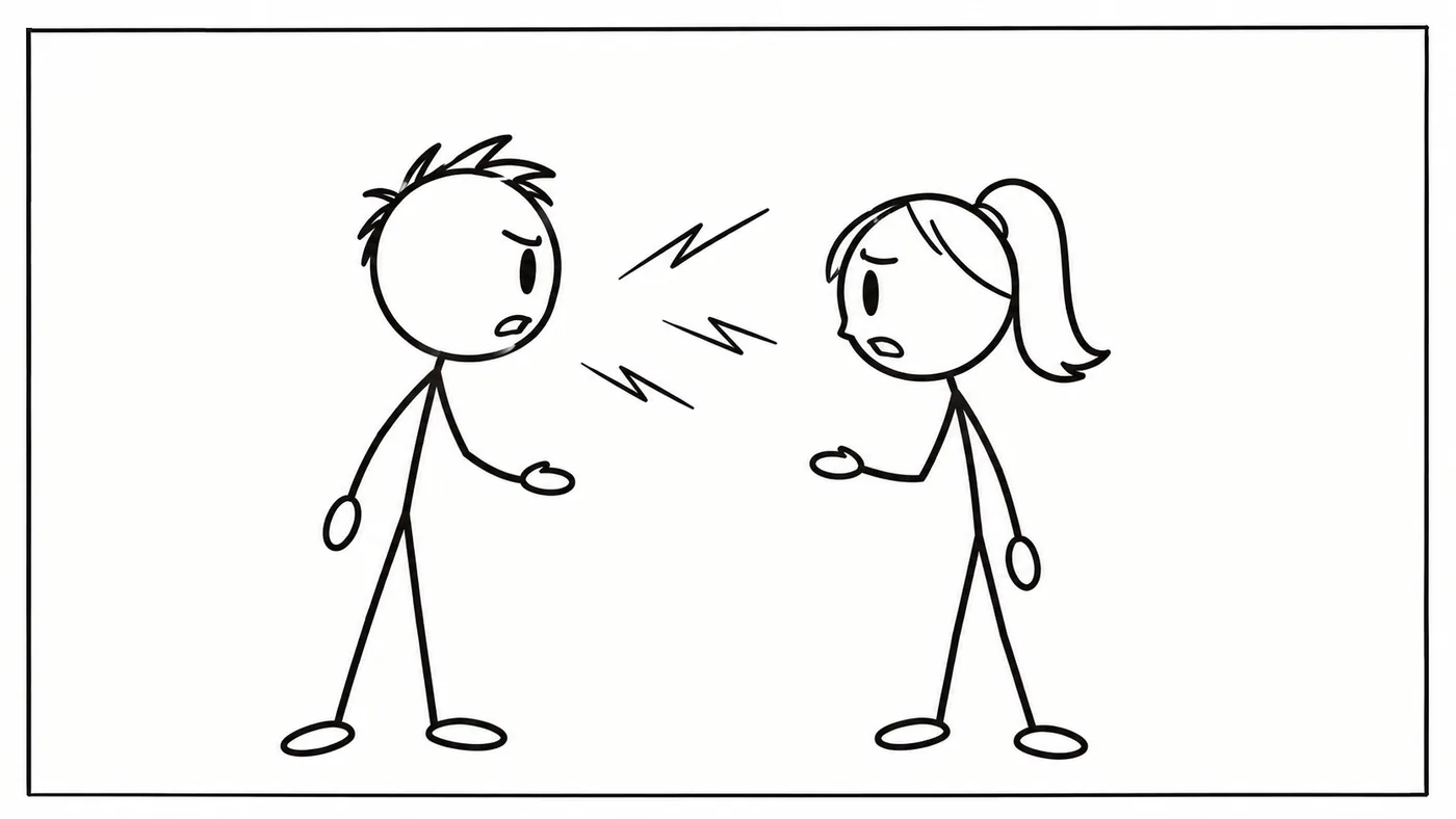 Two stick figures argue face to face, sharp words flying between them.