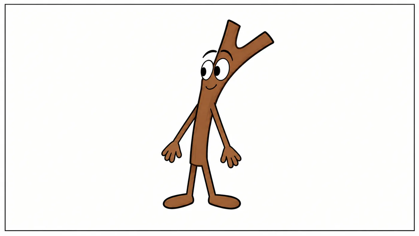Stick, the TalkStik character: a friendly twig with a face, arms, and legs.