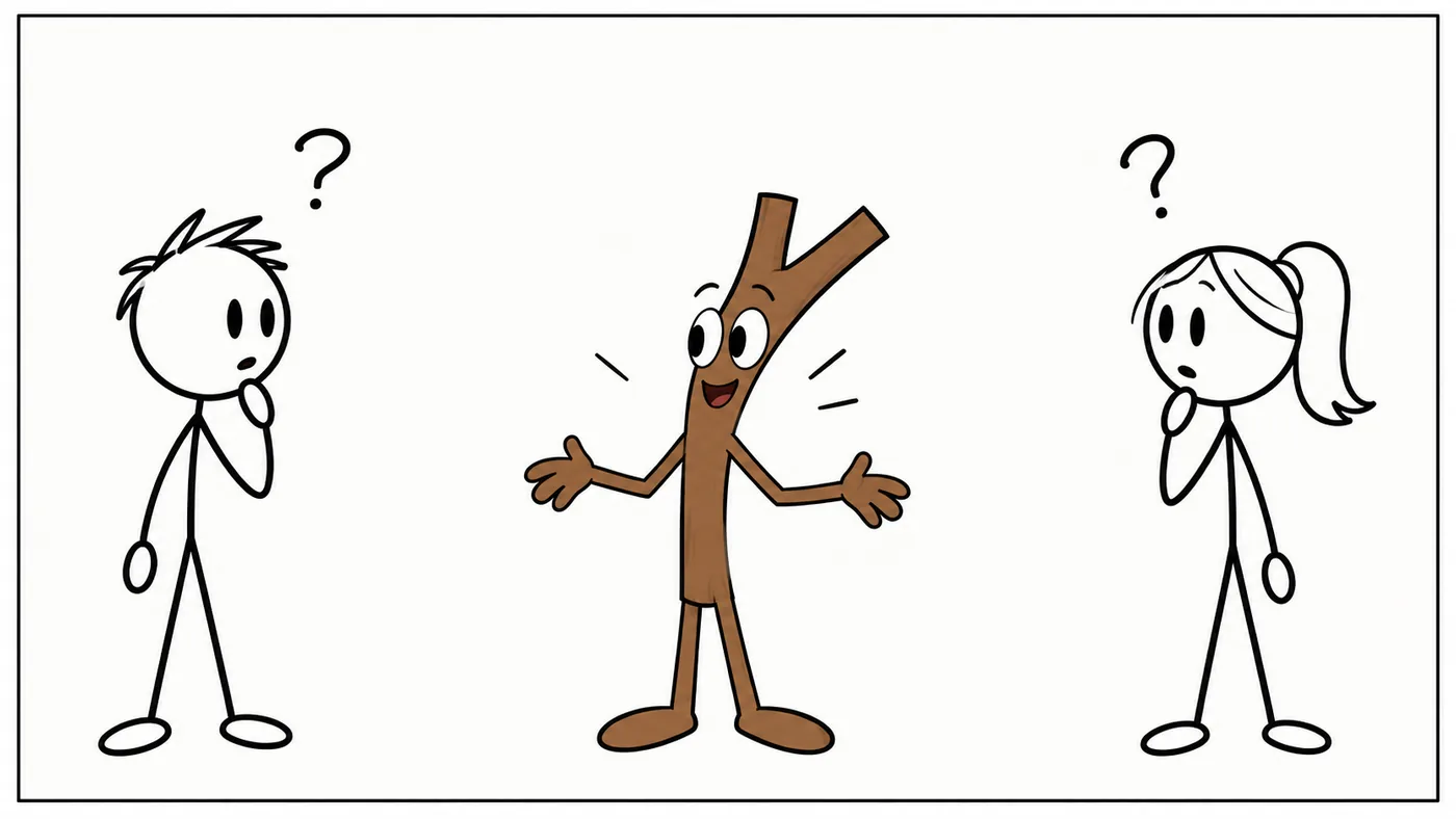 Stick stands between the two people with open arms; both pause, curious.