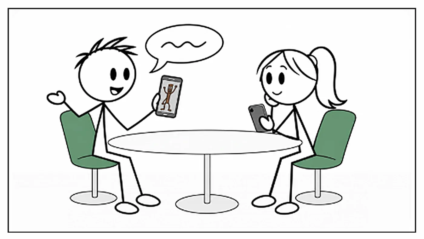 The two sit at one table in the same room, each holding their own phone, talking calmly.
